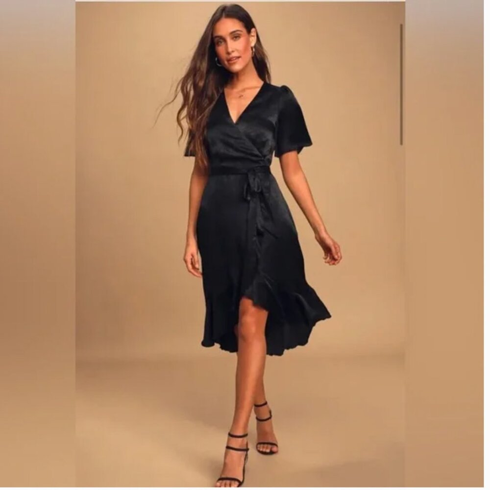 Lulu's Wrap Black Satin Dress